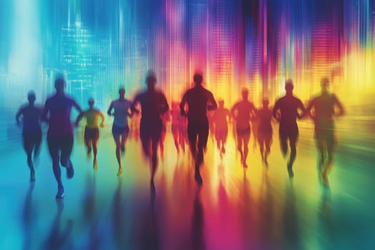 An energetic scene capturing the silhouettes of runners moving through a colorful urban landscape at night. The vibrant hues and dynamic lighting create a sense of motion and vitality.