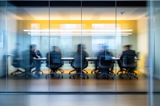 This image captures a blurred view of a meeting room where business professionals are engaged in discussion. The modern workspace features a conference table and a vibrant backdrop.