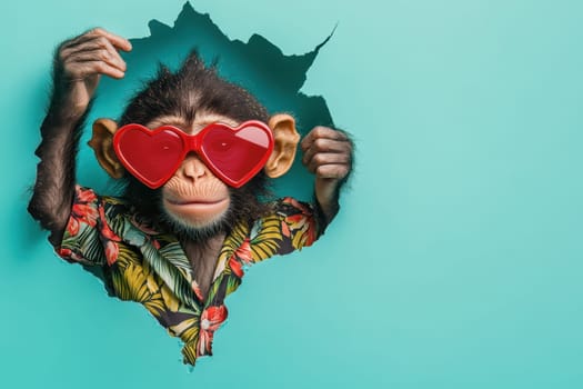 A vibrant and playful monkey sports heart-shaped sunglasses and a tropical shirt while breaking through a colorful wall, creating a fun and whimsical scene.