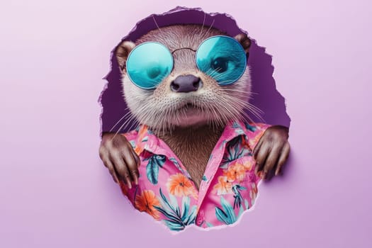 An adorable otter sports stylish sunglasses and a vibrant floral shirt, peeking through a torn purple background. This whimsical image captures fun and charm.