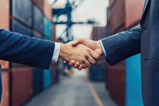 Two professionals in suits engage in a firm handshake inside a shipping port, symbolizing partnership and cooperation in business ventures.