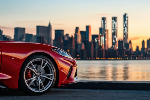 A striking red sports car positioned by the waterfront, capturing the vibrant city skyline during a stunning sunset, symbolizing adventure and elegance.