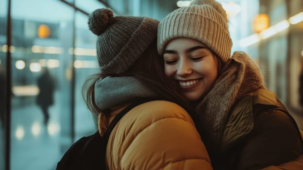 Two friends sharing a joyful embrace in a stylish urban environment, dressed warmly for winter, radiating happiness and connection in a candid moment.