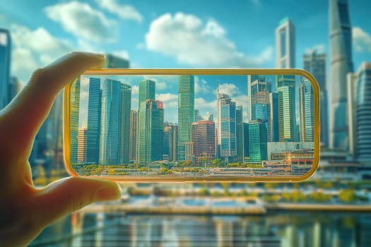 A hand holds a smartphone capturing a stunning view of a modern city skyline with high-rise buildings and vibrant colors, reflecting urban life.