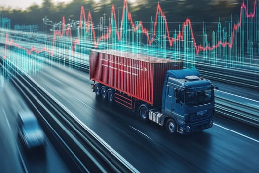A freight truck navigates a busy highway, featuring abstract data visualization graphics highlighting logistics trends and transportation technology advancements.