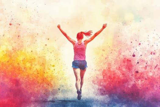 A dynamic illustration featuring a woman running joyfully against a vibrant abstract background, conveying energy, freedom, and enthusiasm in motion.