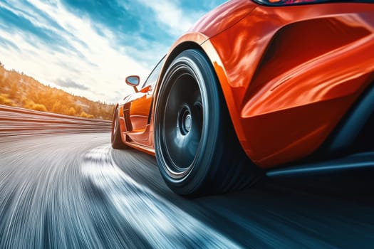 A stunning close-up of a sports car tire gripping the asphalt road during a sunset, showcasing speed and thrilling performance.