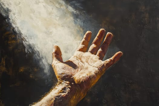 This artwork features a hand reaching towards a light source, signifying hope and guidance amidst darkness. The vivid textures and warm tones evoke deep emotion and connection.