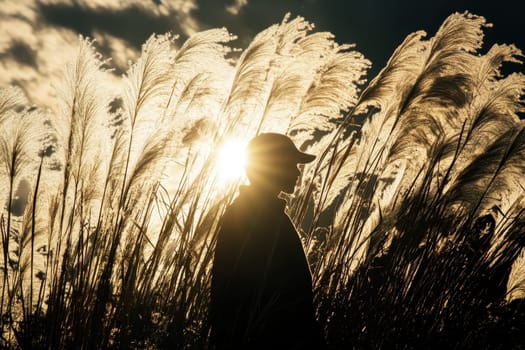 A striking silhouette of a person stands among tall grasses as the sun sets in the background, creating a serene and peaceful atmosphere filled with natural beauty.