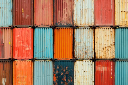 A vibrant display of colorful stacked shipping containers showcases the wear from weather and time. This image captures the essence of a bustling cargo yard, perfect for illustrating transport themes.