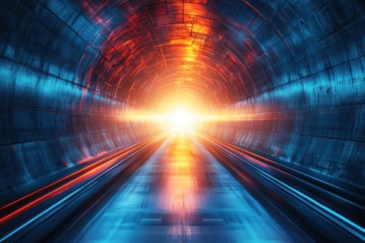 This captivating abstract image features a bright light emerging from a futuristic tunnel, highlighting striking blue and orange hues. Perfect for themes of exploration and technology.