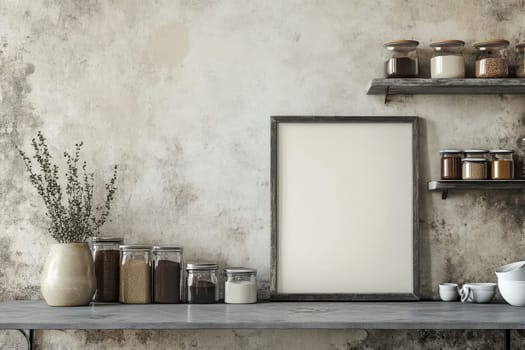 Beautiful rustic kitchen scene featuring an empty frame, jars of various spices, and a natural vase, creating a cozy and welcoming atmosphere suitable for home decor.