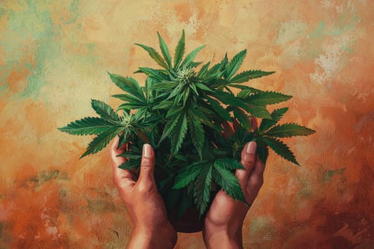 A serene image of hands gently cradling a vibrant green cannabis plant, symbolizing growth and nurturing against a warm, textured backdrop.