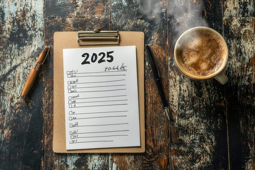 A notepad with a checklist for 2025, a steaming coffee cup, and pens on a rustic wooden table, evoking inspiration and organization for future tasks.