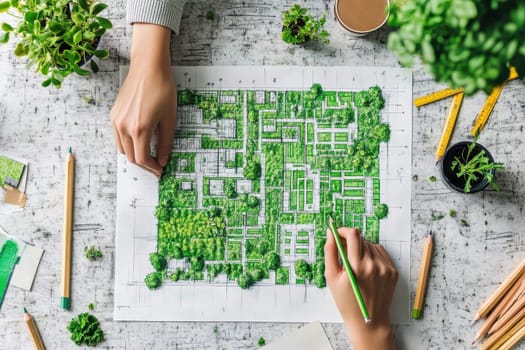 A creative scene depicting hands designing an urban green space with sketches and plants on a stylish desk. Perfect for illustrating sustainability efforts.