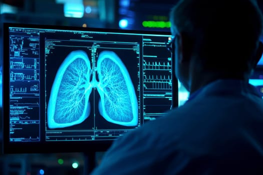 A doctor carefully reviews an MRI x-ray image of a patients chest for any signs of abnormalities..