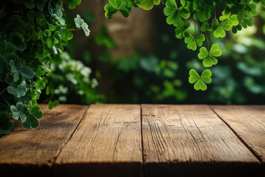 empty wooden with clover leaf background of saint Patrick's Day festival..