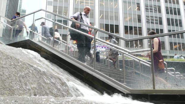 New York City, United States - 11 Sept 2023: Manhattan Midtown office buildings, Lexington avenue, United States. People pedestrian exiting subway metro station, stairs on 53 street, USA urban life.