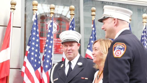 New York City, United States - 11 September 2023: Firefighters celebrate Patriot Day. 911 memorial remembrance event, FDNY commemorate anniversary. Fire Department Station, Manhattan 10 Ten Firehouse.