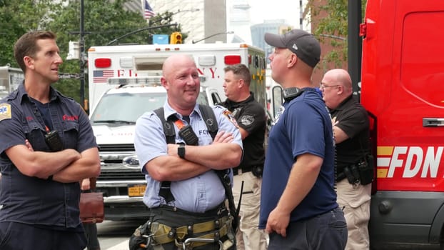 New York City, United States - 11 September 2023: Firefighters celebrate Patriot Day. 911 memorial remembrance event, FDNY commemorate anniversary. Fire Department Station, Manhattan 10 Ten Firehouse.