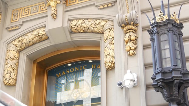 New York City, United States - 6 Sept 2023: Grand Lodge of Masons building facade on Manhattan street. Freemasons headquarters architecture. Masonry organization in NYC, USA. Masonic Hall exterior.