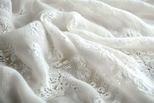 Elegant lace fabric with floral patterns for wedding and evening dresses, emphasizing the delicacy and romance of stylish textiles. AI generated.