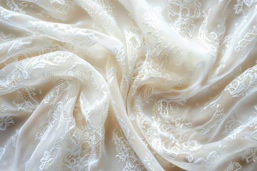 Elegant lace fabric with floral patterns for wedding and evening dresses, emphasizing the delicacy and romance of stylish textiles. AI generated.
