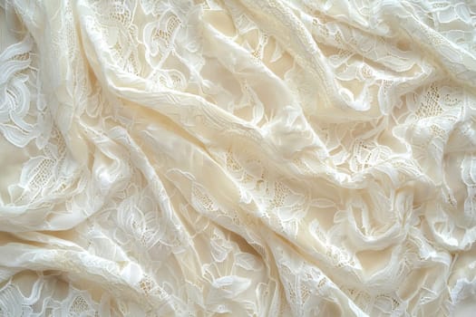 Elegant lace fabric with floral patterns for wedding and evening dresses, emphasizing the delicacy and romance of stylish textiles. AI generated.
