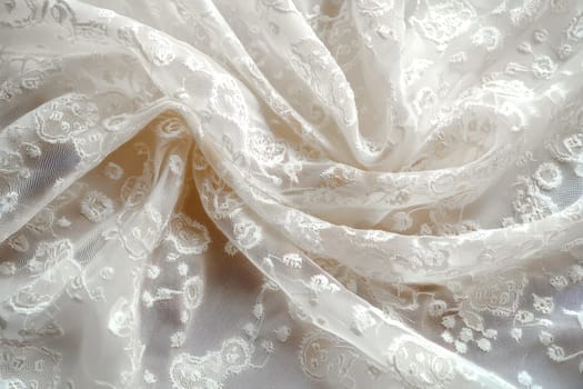 Elegant lace fabric with floral patterns for wedding and evening dresses, emphasizing the delicacy and romance of stylish textiles. AI generated.