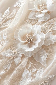 Elegant lace fabric with floral patterns for wedding and evening dresses, emphasizing the delicacy and romance of stylish textiles. AI generated.