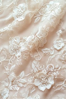 Elegant lace fabric with floral patterns for wedding and evening dresses, emphasizing the delicacy and romance of stylish textiles. AI generated.