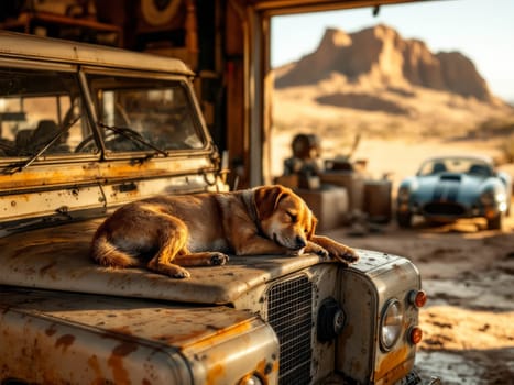 Brown dog sleeping peacefully on the hood of a vintage Land Rover in a tuning garage, with an AC Cobra and a desert landscape in the background. Ai generated