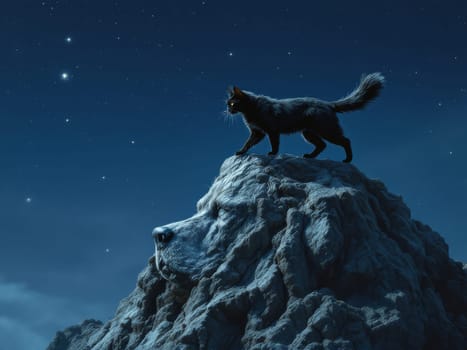 Black cat walking on rock shaped like dog's head under starry night sky, in a surreal and dreamlike atmosphere. Ai generated