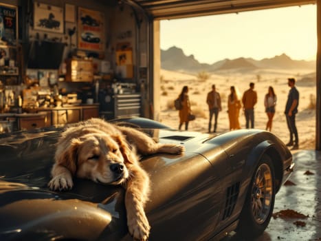 Golden retriever dog sleeping peacefully on a vintage car in a tuning garage, while mechanics chat outside. Ai generated