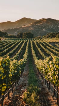 A tranquil dawn breaks over a vineyard, with soft light enhancing the natural gradients of green and the silhouette of distant hills.