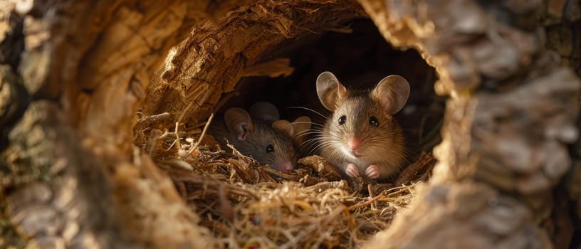 A heartwarming family of mice cuddles together in the glowing refuge of a woodland hollow