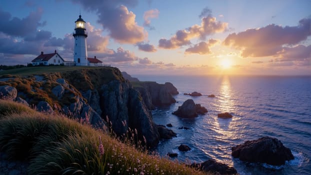 A lighthouse is on a rocky cliff overlooking the ocean. The sun is setting, casting a warm glow over the scene. The water is calm and the sky is filled with clouds