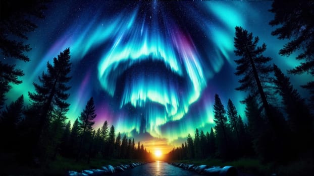 A beautiful aurora borealis is seen in the sky above a forest. The sky is filled with a variety of colors, including blue, purple, and green. The trees are tall and green, and the water is calm