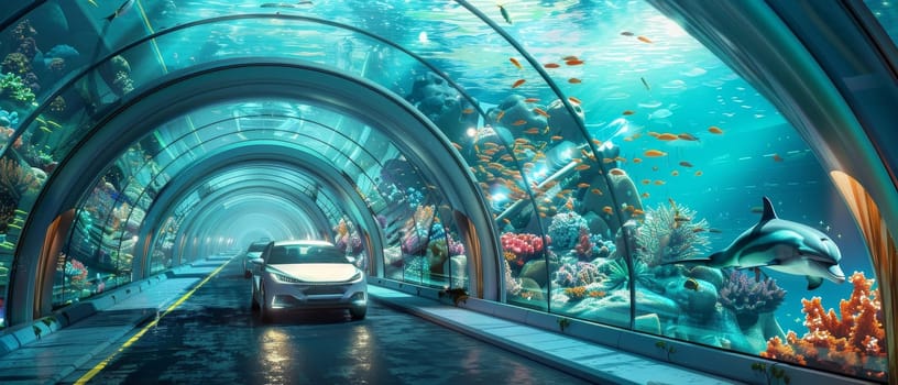 Futuristic car drives through a transparent ocean tunnel surrounded by vibrant marine life