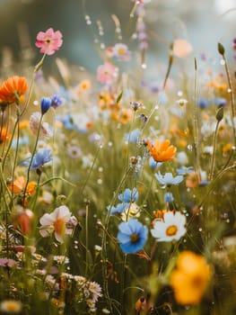 Sunlit wildflowers bask in the warm glow of the golden hour light
