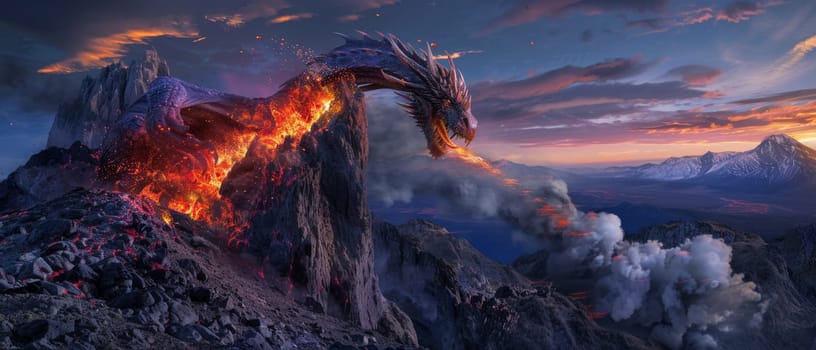 Epic fantasy scene of a fiery dragon emerging from a volcanic eruption against a dramatic sky