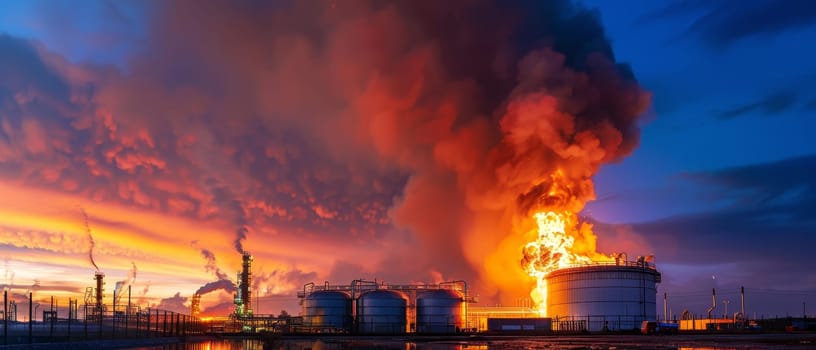 Dramatic fiery explosion at industrial plant with reflections at dusk