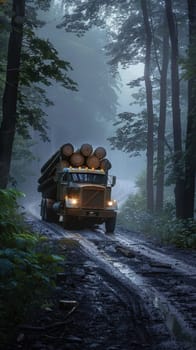Loaded logging truck travels a misty, wet road amidst towering trees