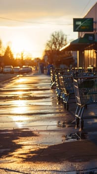 A row of shopping carts bask in the warm glow of a setting sun, with the golden light reflecting off the wet pavement
