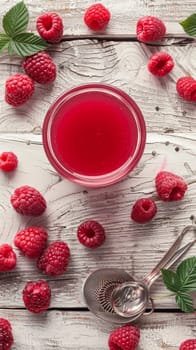 A vibrant red raspberry smoothie is showcased in a glass bowl, surrounded by an array of plump, juicy raspberries and accented with green leaves on a weathered wooden surface