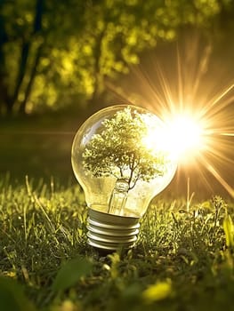 Creative representation of renewable energy featuring a tree growing inside a light bulb, illuminated by sunlight. Symbolizing sustainability, green technology, and environmental consciousness for a better future.