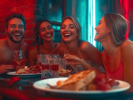 A lively group of young friends sharing laughter and enjoying a delicious meal at a stylish restaurant. Warm lighting and joyful expressions capture the essence of friendship, nightlife, and social gatherings.