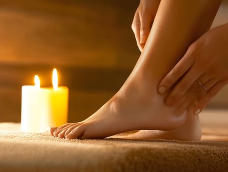 A serene spa setting with warm candlelight, where a person gently massages their foot. The image evokes relaxation, self-care, and wellness, perfect for promoting spa treatments and holistic healing.