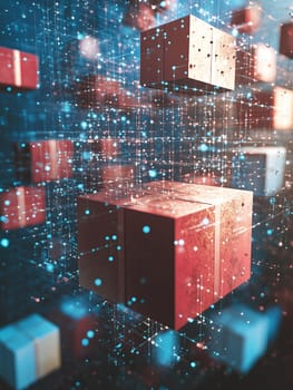 Abstract digital illustration of interconnected blocks symbolizing blockchain technology, data encryption, and decentralized systems. A futuristic representation of cybersecurity, finance, and digital transactions.