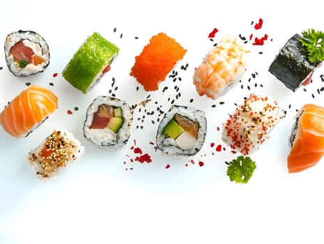 A variety of fresh sushi rolls, including maki and nigiri, beautifully arranged on a white background. The colorful ingredients, such as salmon, avocado, and roe, enhance the visual appeal of this Japanese cuisine.